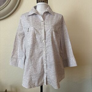 Chico's Size XL (3) Purple - White stripes Button Down 3/4 Sleeve Shirt Top